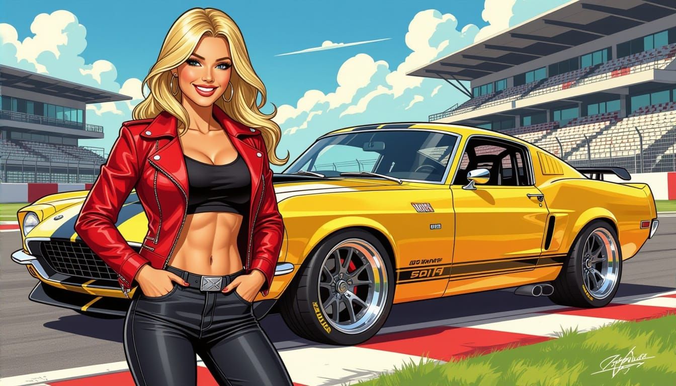 Pinup Model Poses With Retro Race Car in Comic Art Style