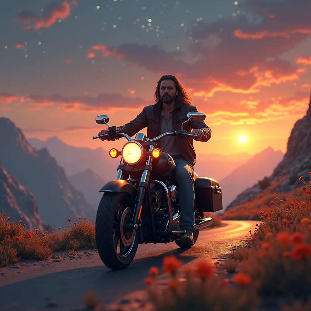 Motorcycle Ride at Sunset: Detailed Matte Painting