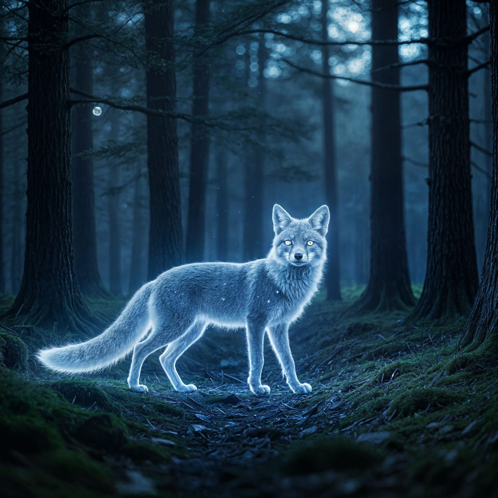 Starlight Fox Wanders Iridescent Forest: A Dark Fantasy Scen...
