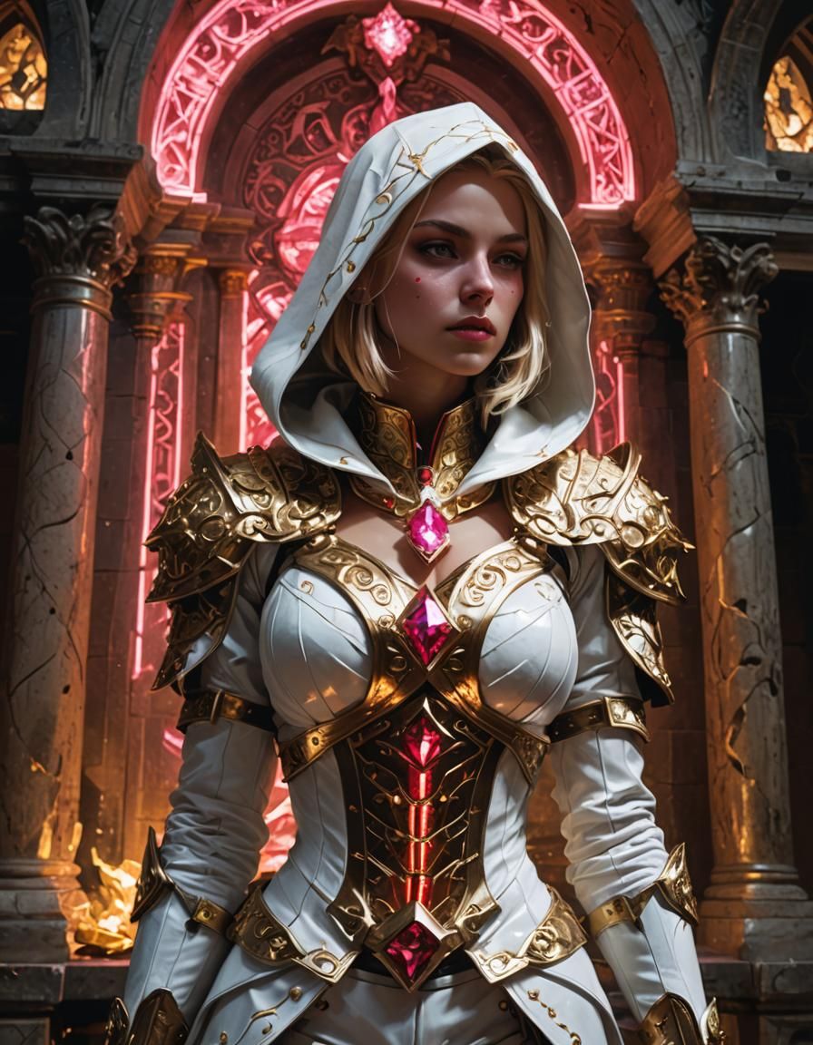 Female Assassin in Baroque Fantasy Temple, Digital Art