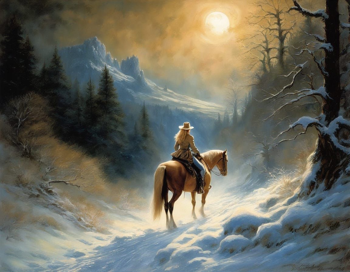 Ethereal Cowboy Woman Rides Moonlit Mountain Pass