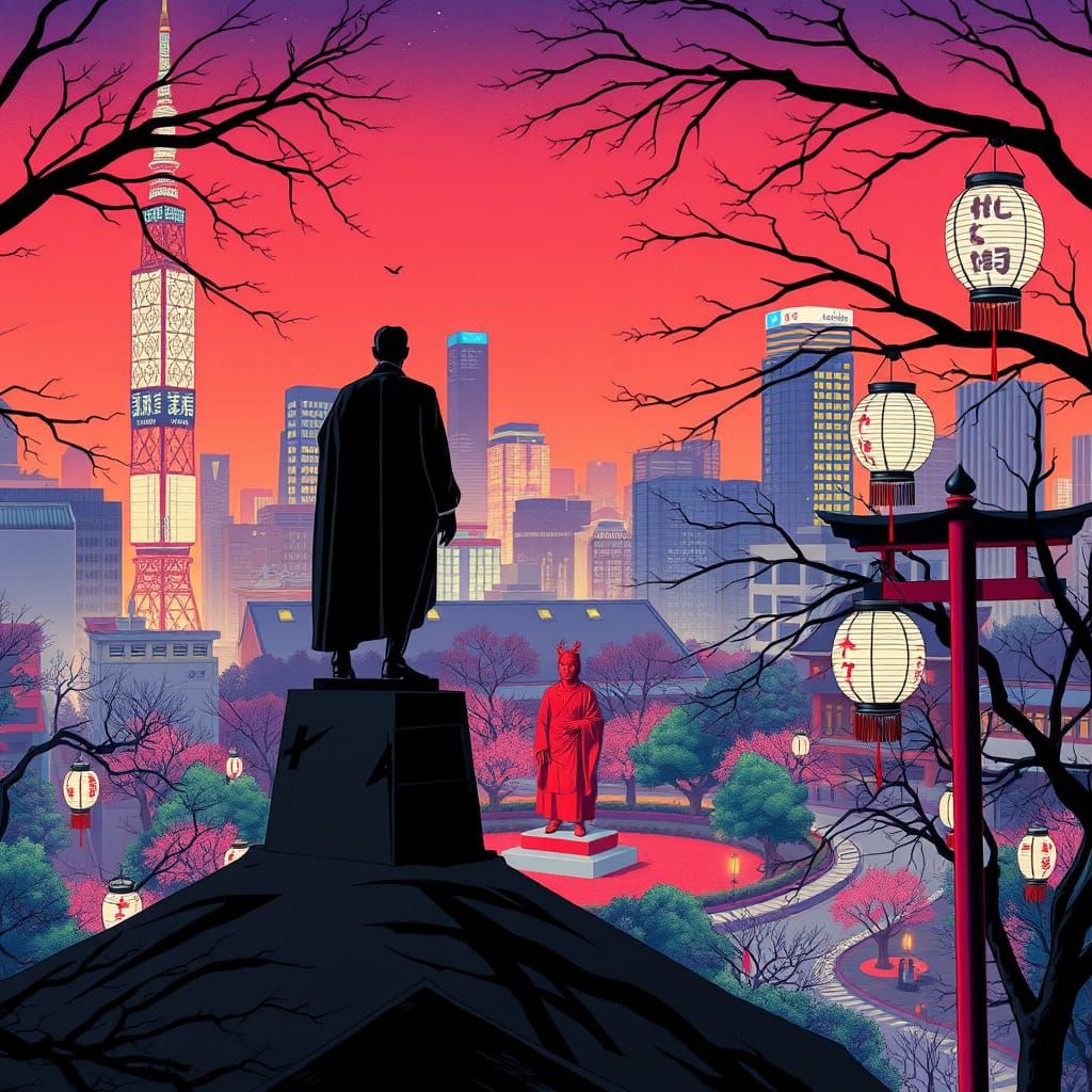 Stylized Tokyo Cityscape with Black Statue and Vibrant Park
