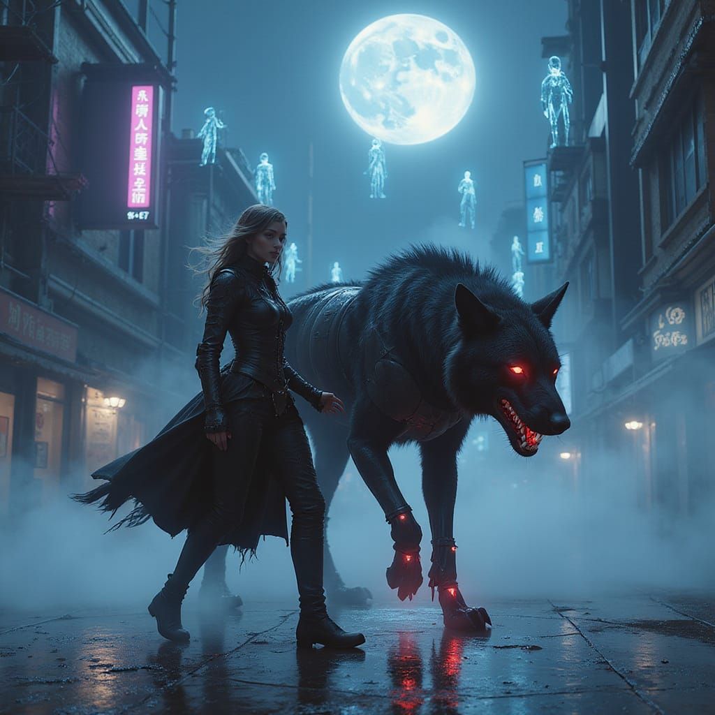 Cyberpunk Mage and Wolf in Steampunk City