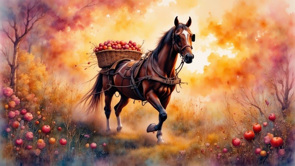 Draft Horse at Sunset: Watercolor Impression