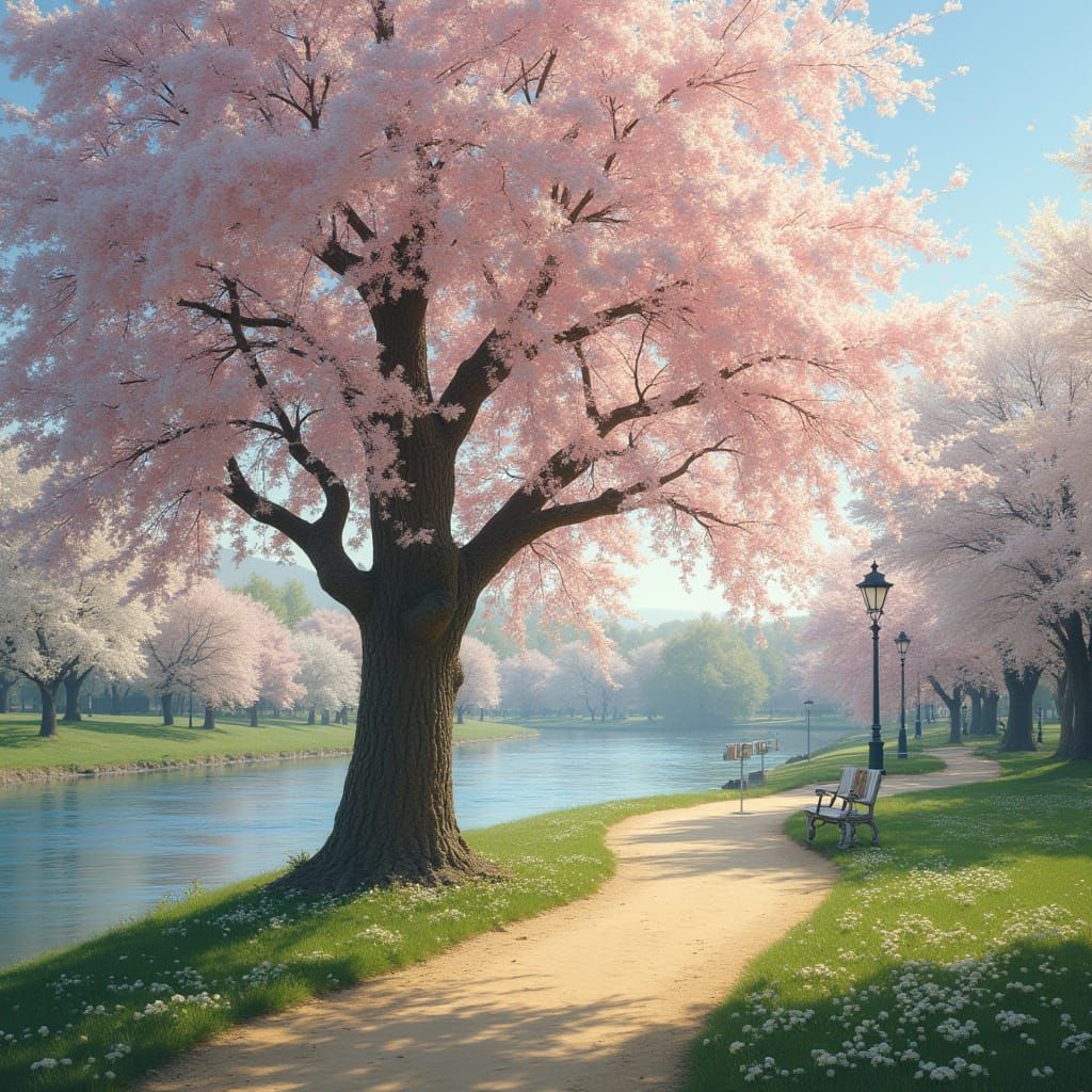 Serene Cherry Blossom Park in Photorealistic Style
