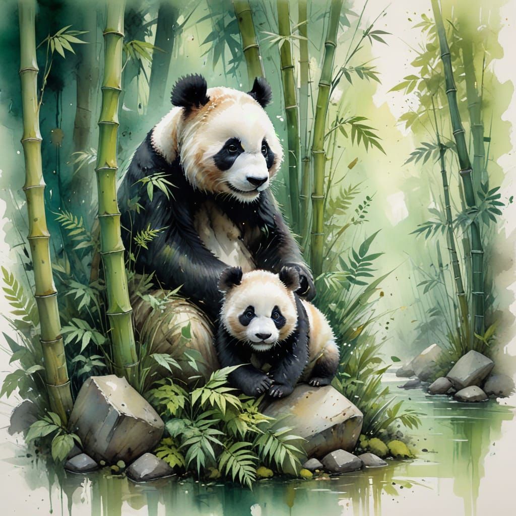 Bamboo Grove with Pandas: Impressionistic Earth-Toned Painti...