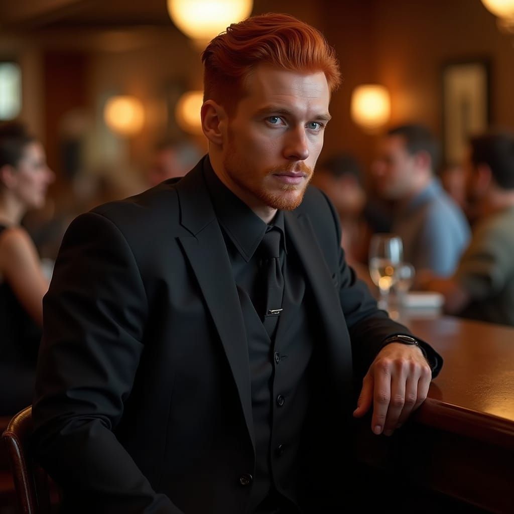 Red-Haired Man in Black Suit at Upscale Restaurant Bar