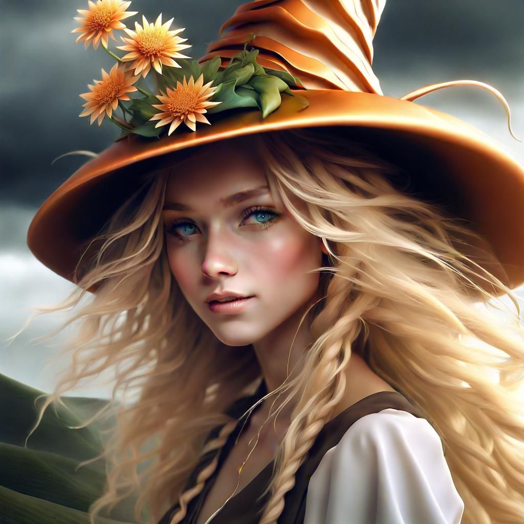 Stormy Fractal Landscape with Flower Nymph Witch