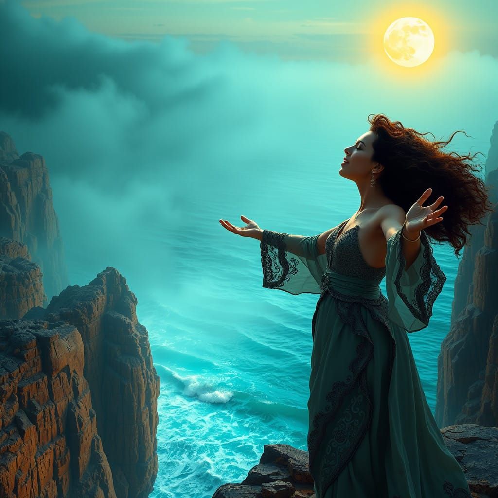 Ethereal Moonlit Songstress on Turquoise Shores