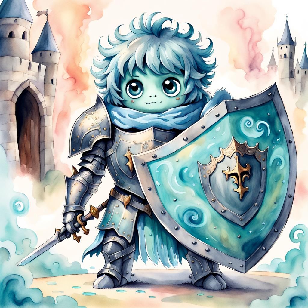 Watercolor Aqua Monster Knight in Pastel Landscape