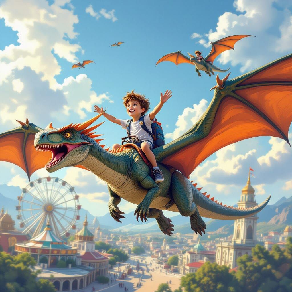 Boy Rides Pteranodon Over Amusement Park
