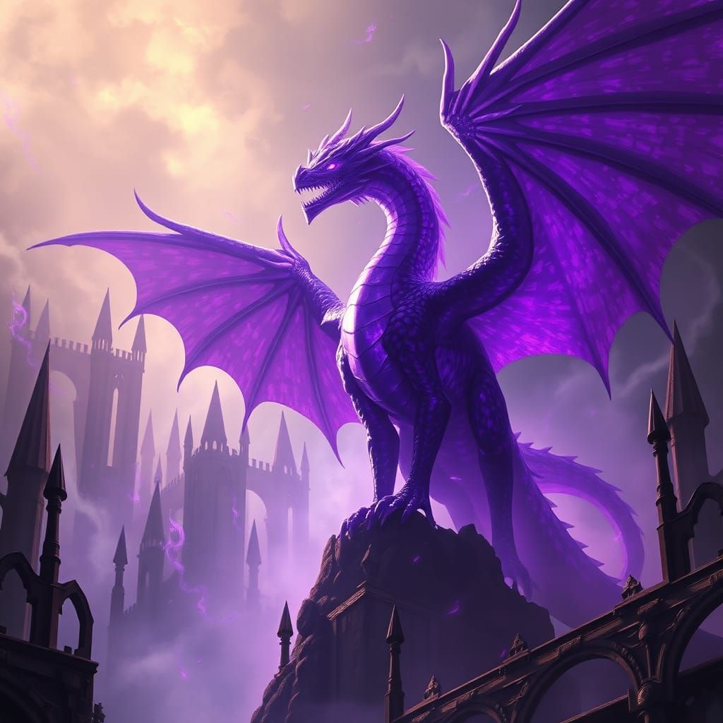 Ethereal Purple Dragon God in Gothic Fantasy Landscape