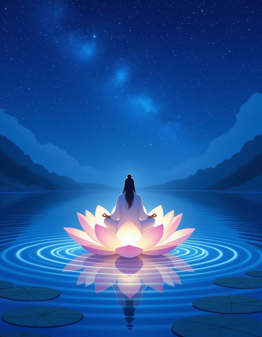 Meditating Figure on Bioluminescent Lotus Under Starry Sky