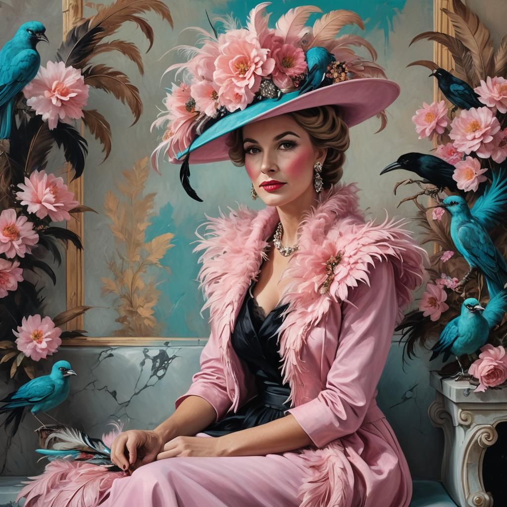 Glamorous Woman in Pink Hat, Fine Art Oil Painting