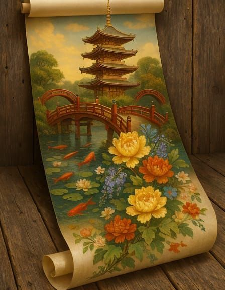 Gilded Pagoda and Silk Scroll in Asian Ink Style