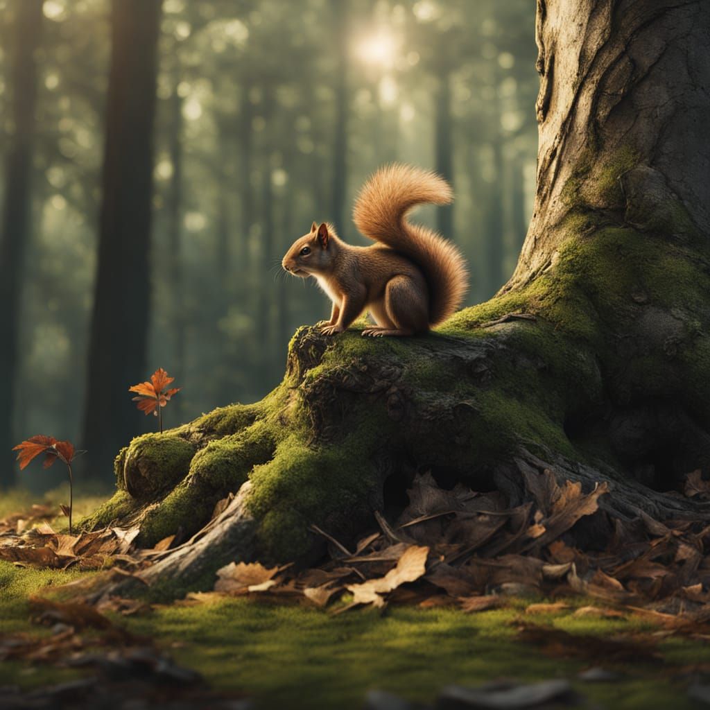 Majestic Squirrel Amidst Ancient Forest Still Life
