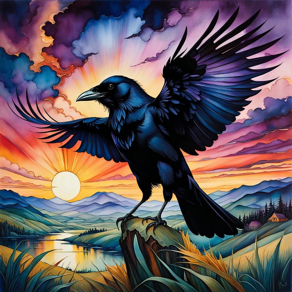 Twilight Crow in Fantasy Landscape, Mosaic Style