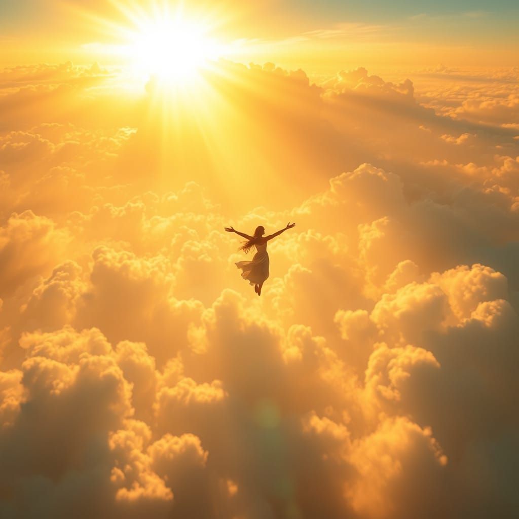 Figure Soaring Through Luminous Clouds in Golden Hour