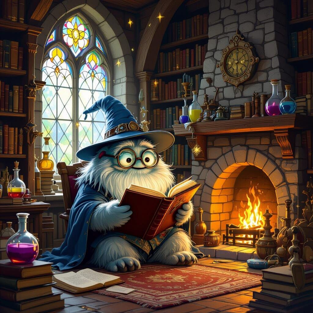 Friendly Fluffy Monster Reads in Cozy Wizard Study