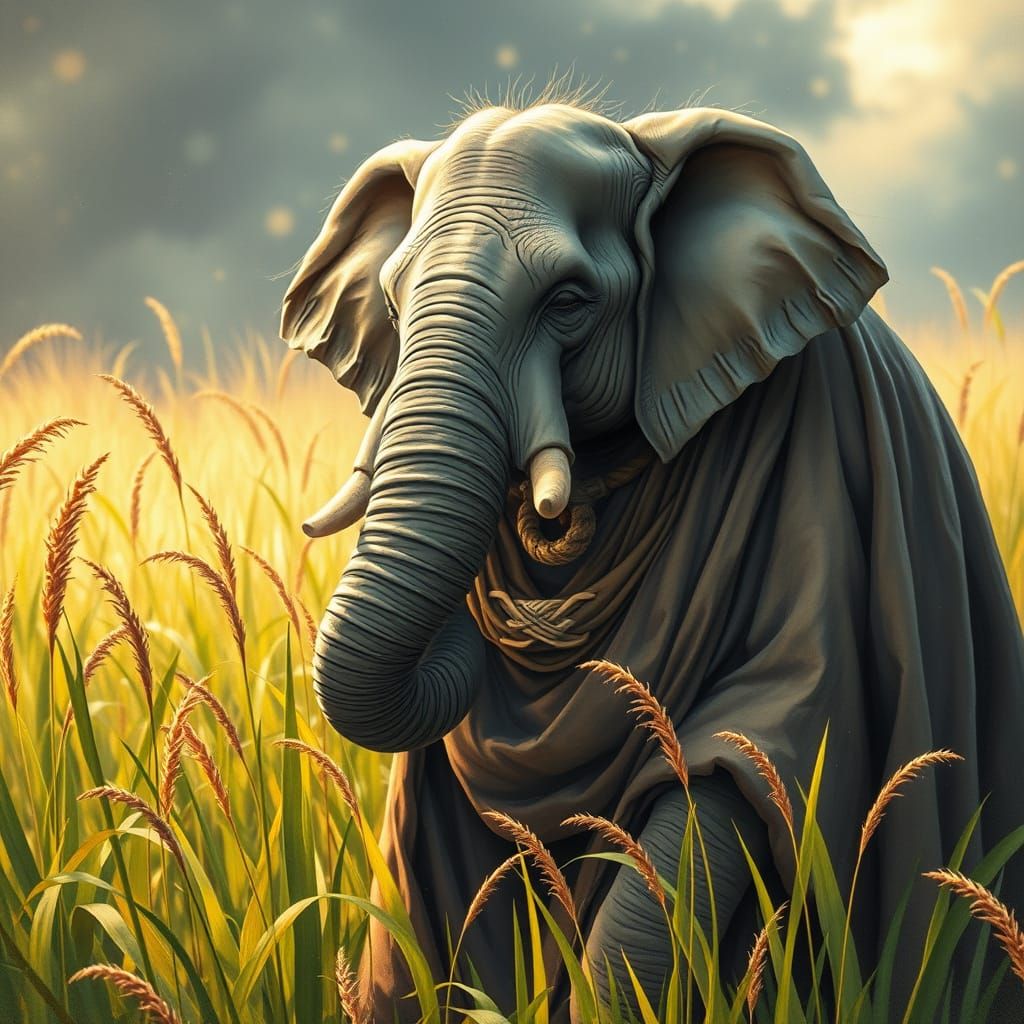 A wise, old, anthropomorphic elephant, clad in Jedi robes, stands in a field of tall grass, bathed in dappled sunlight. ...