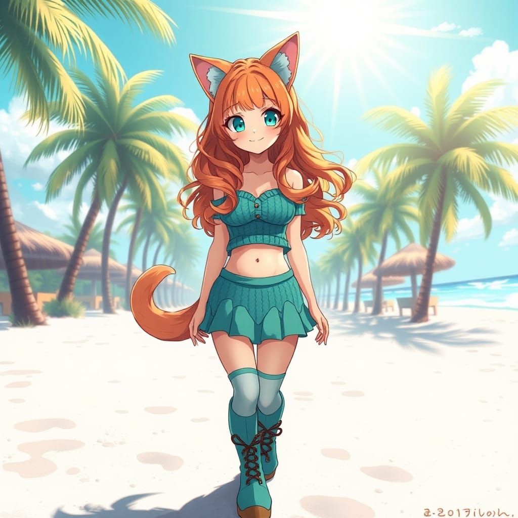 Adorable Anime Cat-Girl on Feline Beach