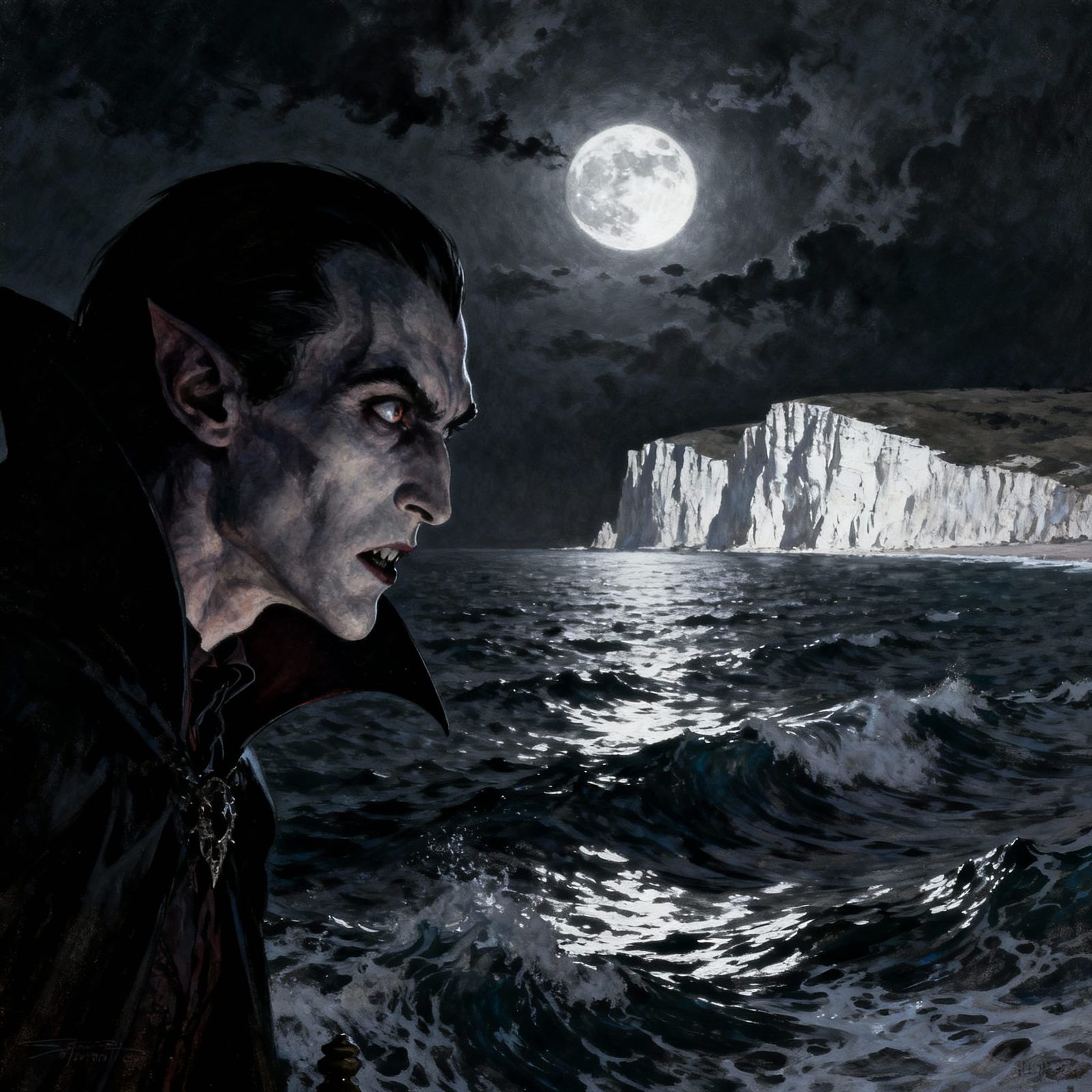 Vampire Gazes Across Moonlit Sea to White Cliffs of Dover