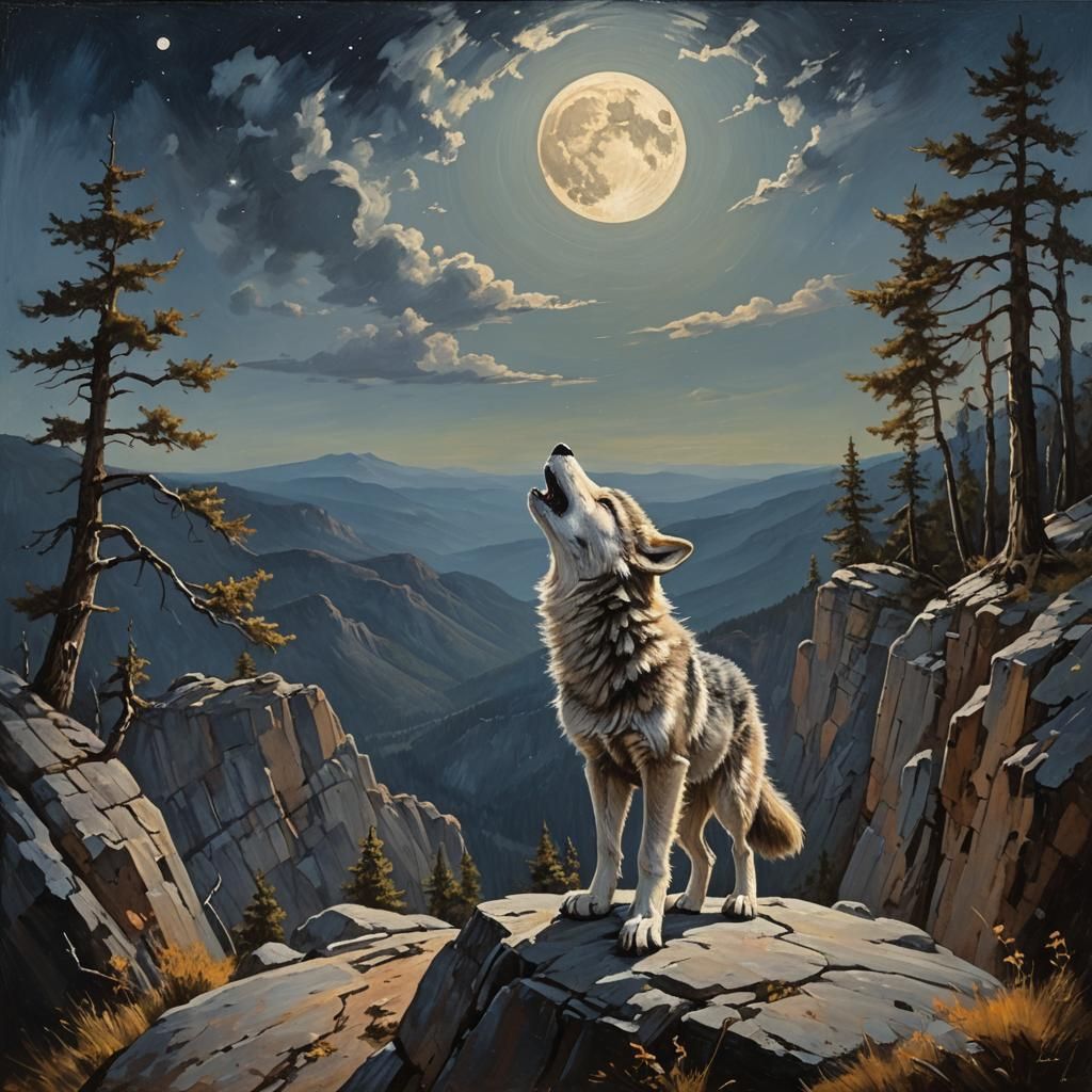 Wolf Pup Howling at Moon, Oil Painting