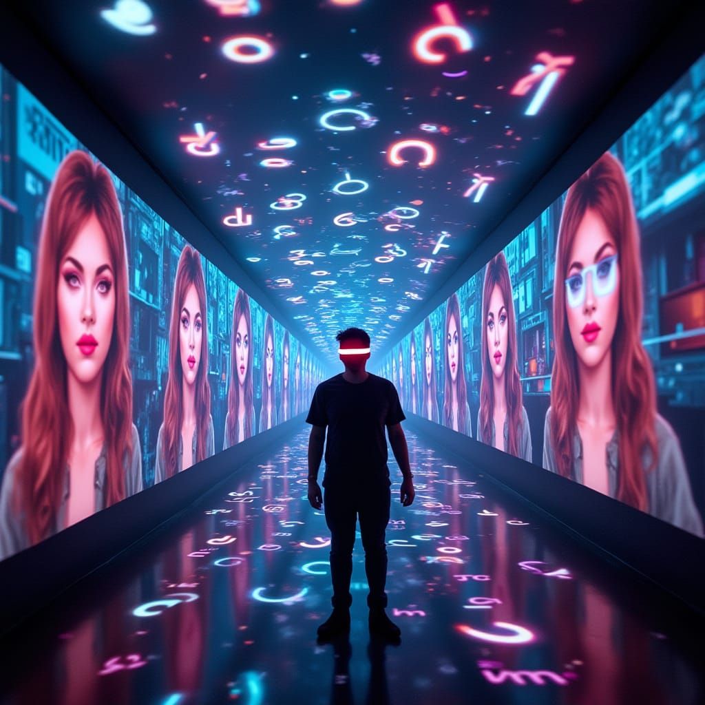 Blindfolded in a Neon Holographic Storm