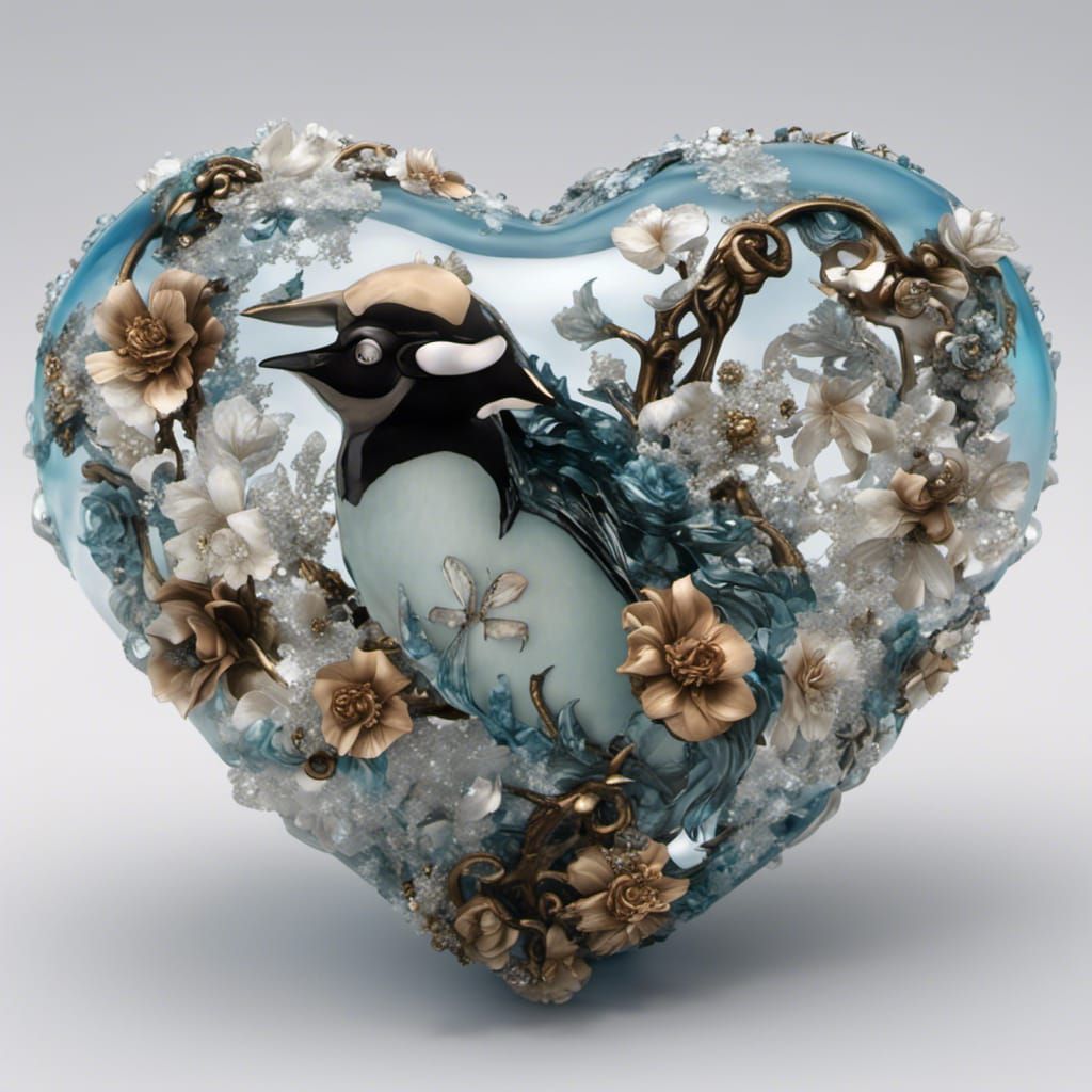 Penguin Pirate in Crystal Heart, Decoupage Art