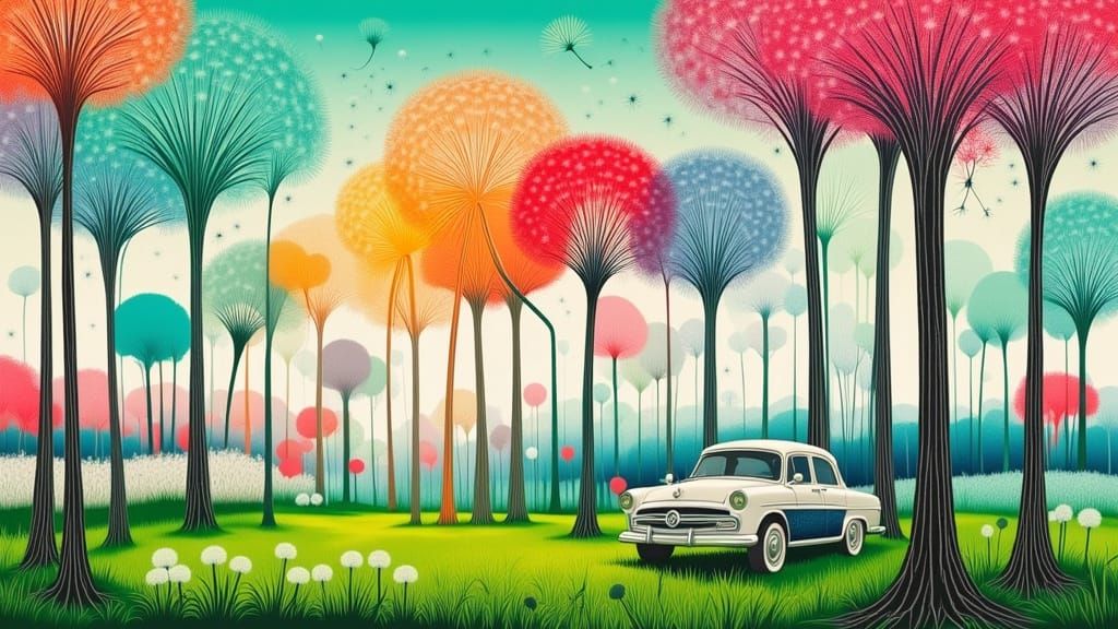 Surreal Dandelion World with Strange Cars and Houses