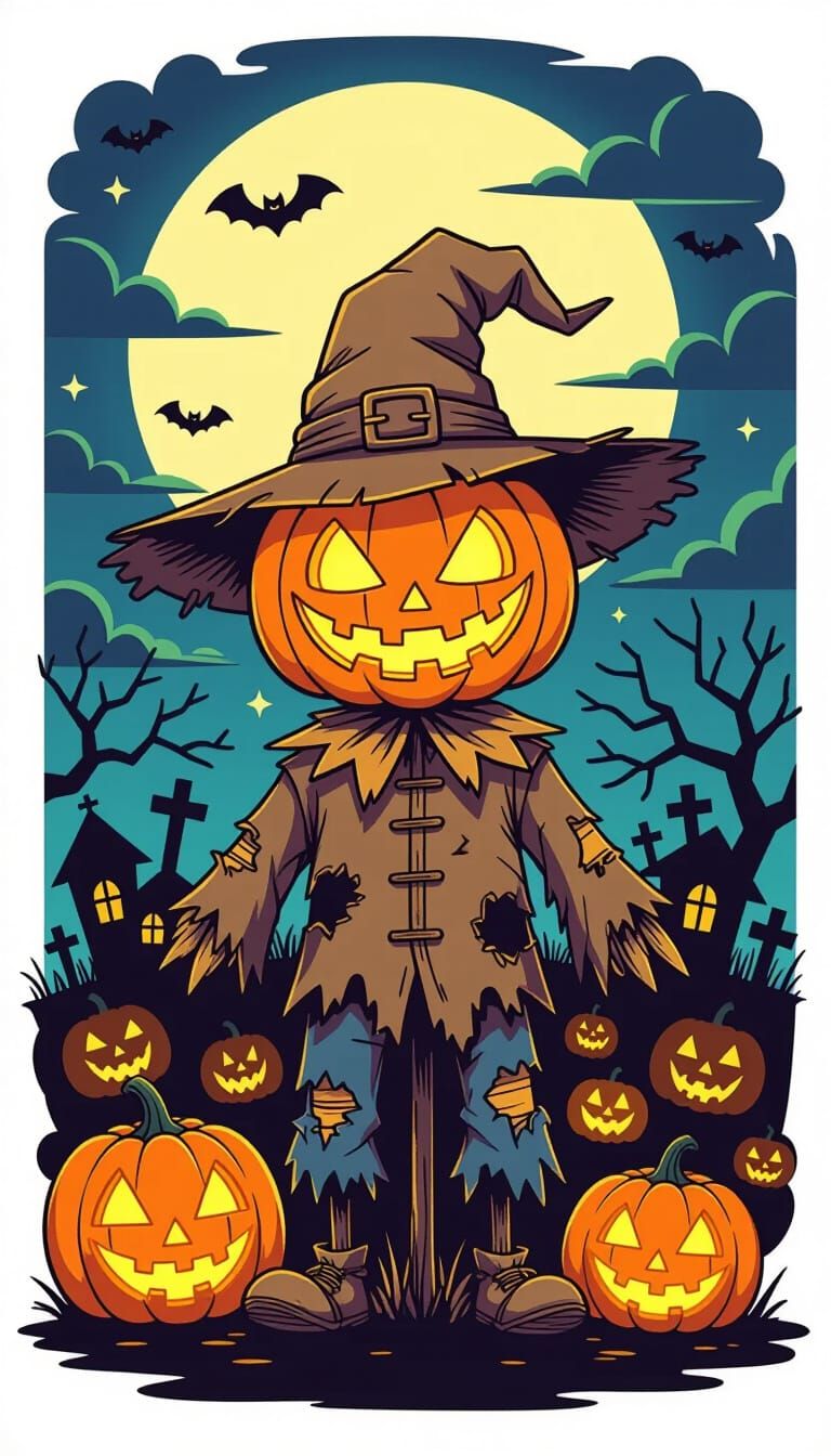 Cartoon Scarecrow With Glowing Jack-o'-Lantern Head Hallowee...