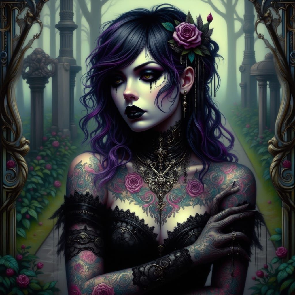 Gothic Woman with Intricate Tattoos in Moody Graveyard