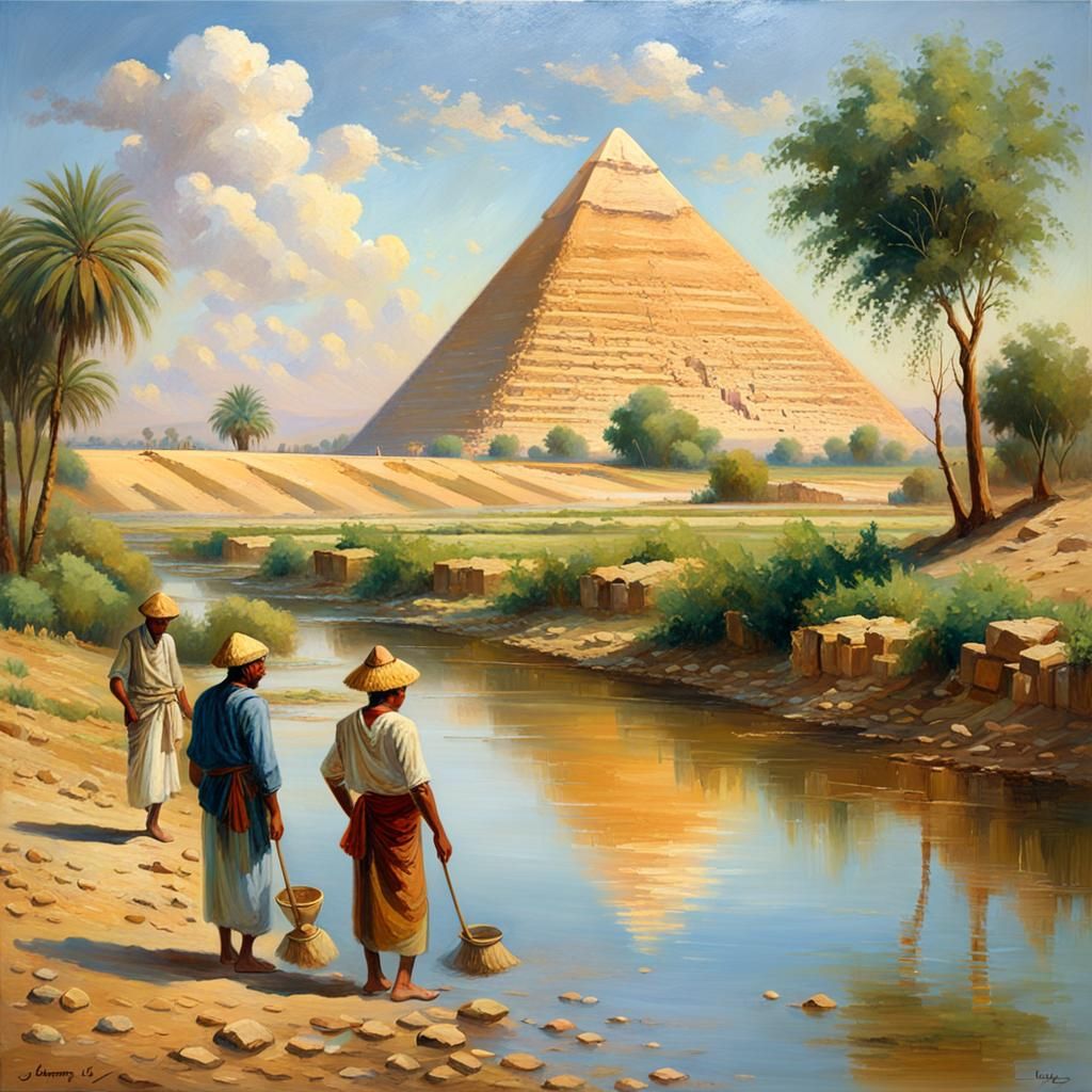Egyptian Pyramids: Farmers in Lush Landscape, Oil Painting