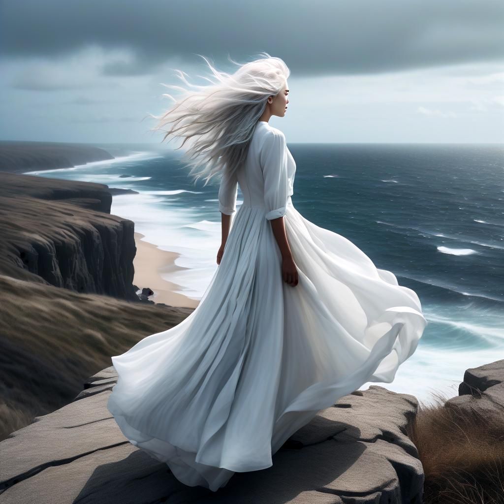 Pensive Woman on Cliff in Windy Oil Painting