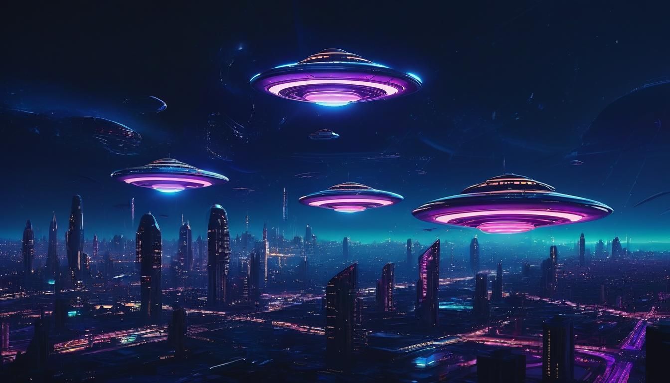 Flying Saucers Hovering Over Futuristic Cityscape