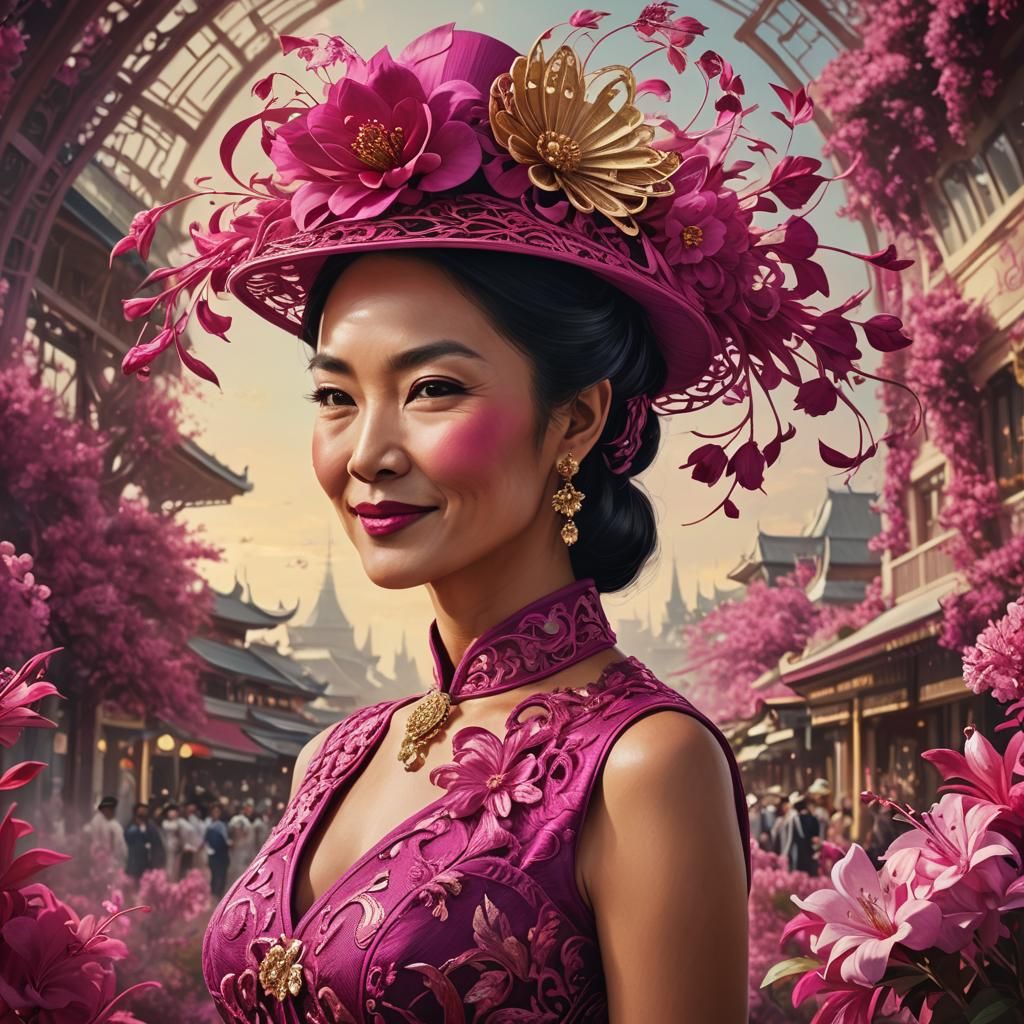 Elegant Fuchsia Headpiece at Melbourne Cup, Art Nouveau