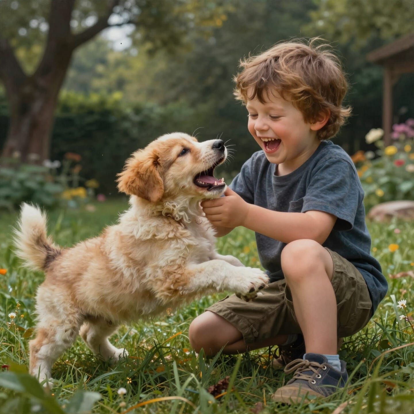 Two Puppies Play With Laughing Boy in Detailed Garden