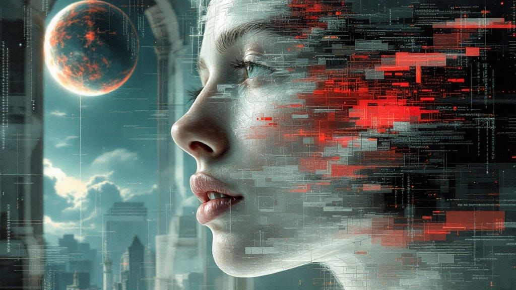 Renaissance Anchorwoman Amidst Digital Decay