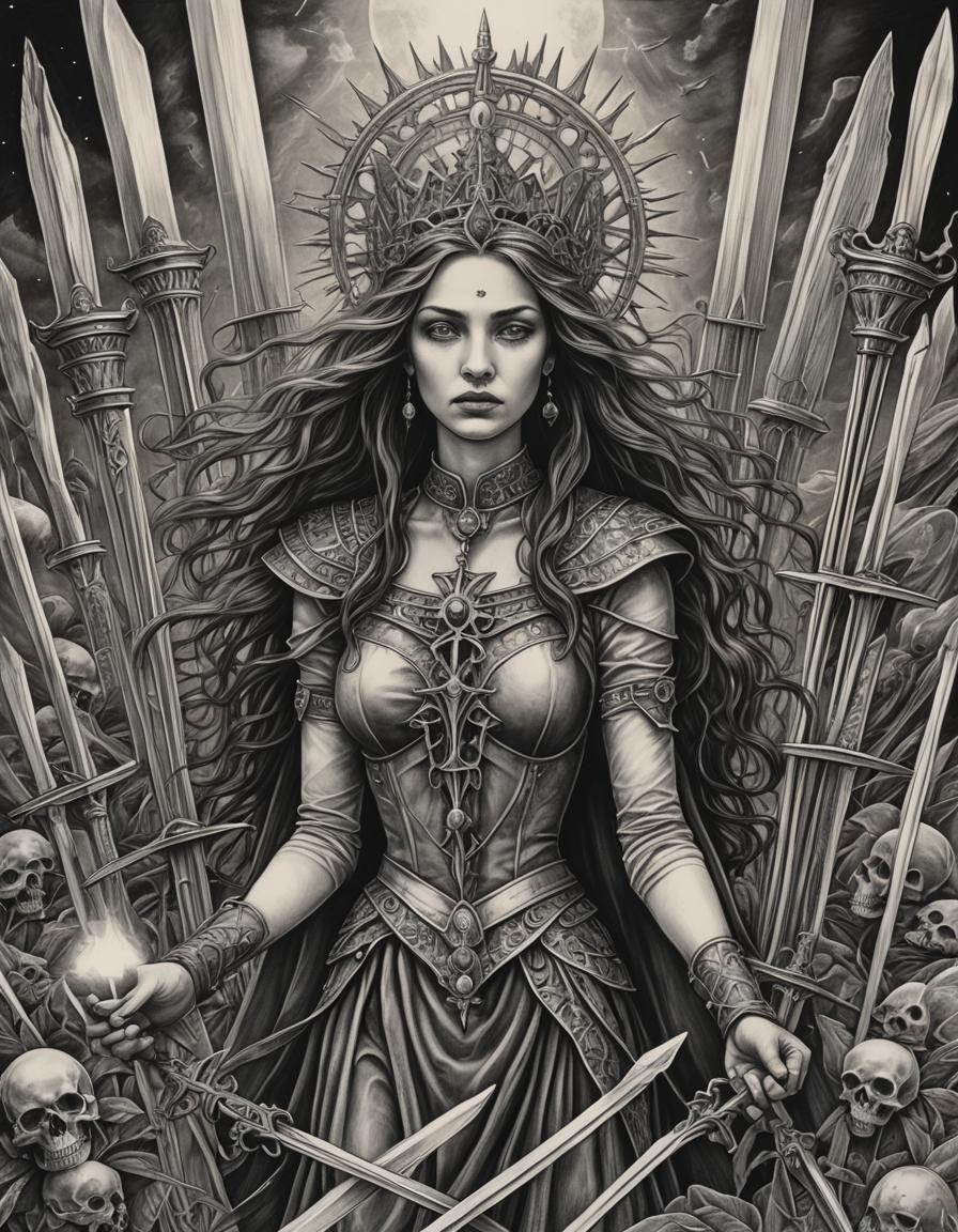 Eight of Swords: Hyperdetailed Charcoal Tarot Art