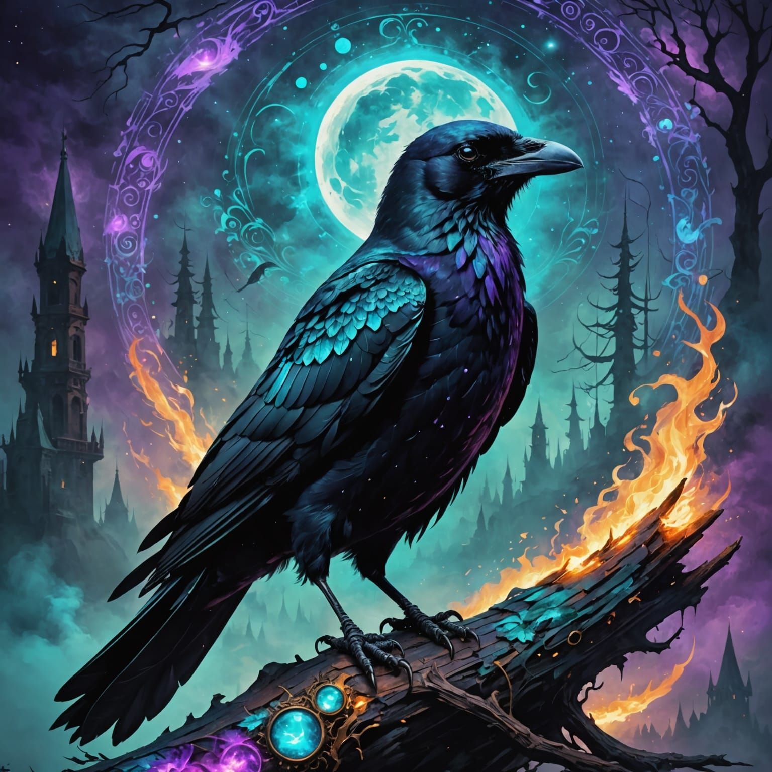 Ethereal Black Crow in a Turquoise Realm