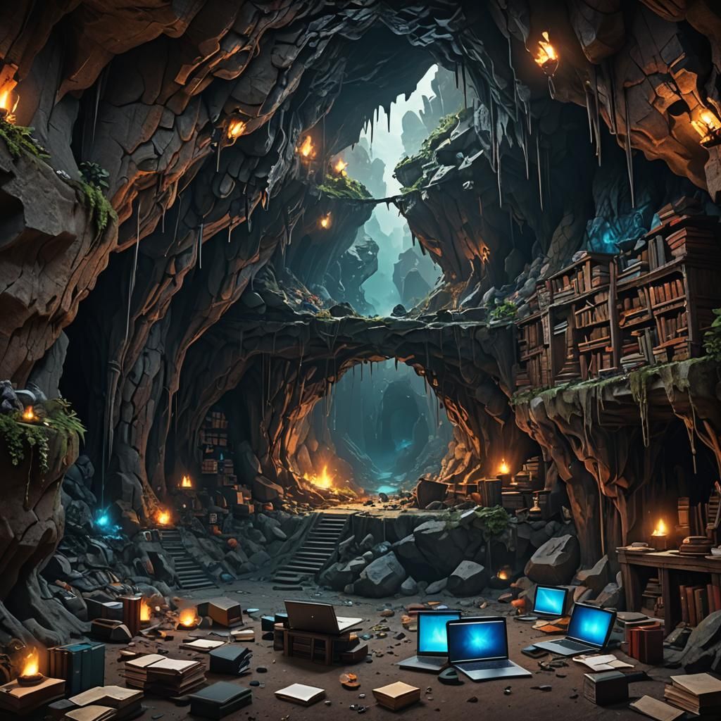 Dark Cave of Tech and Tomes: Fantasy Concept Art