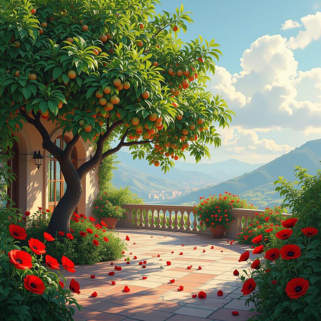 Terrace with Fruit Trees and Red Poppies