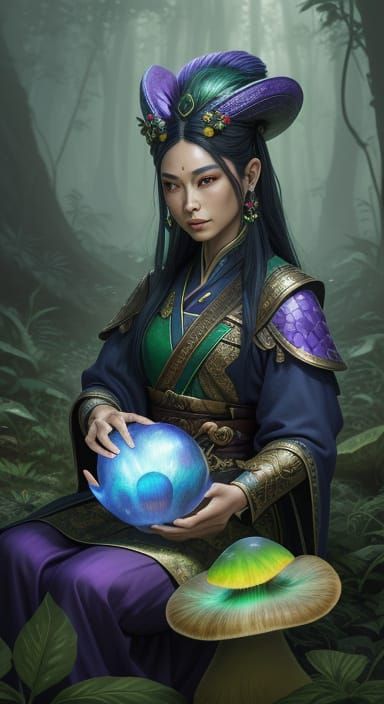 Fantasy Yuan-ti Sitting on a Mushroom in a Mystical Forest