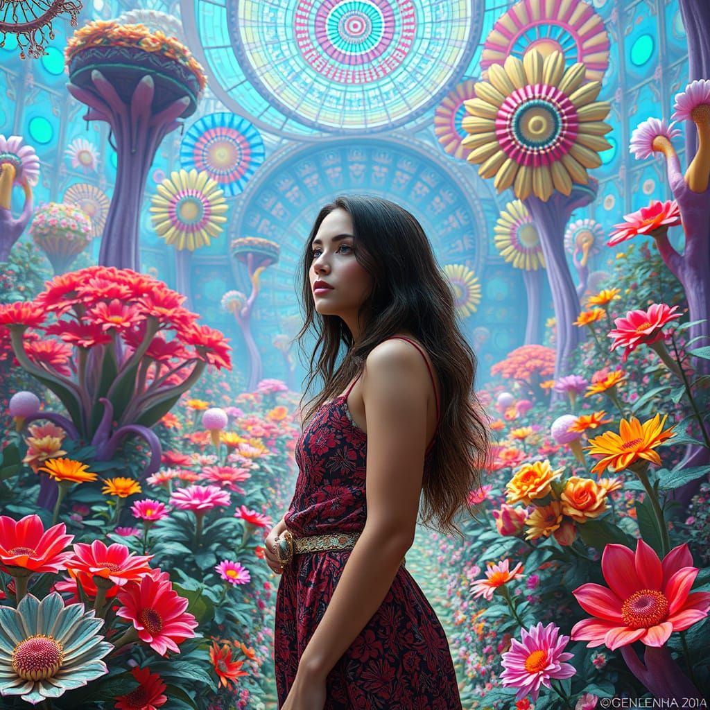 Woman in Surreal Garden of Kaleidoscopic Patterns