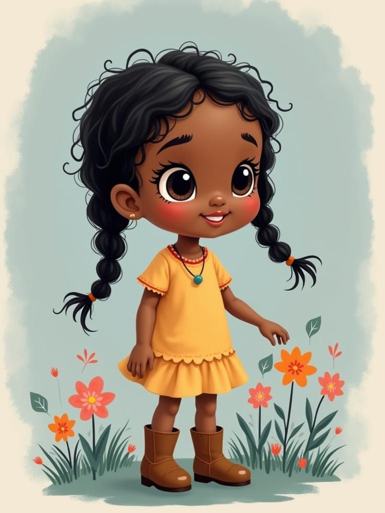 A Delightful African American Girl in Whimsical Cartoon Styl...