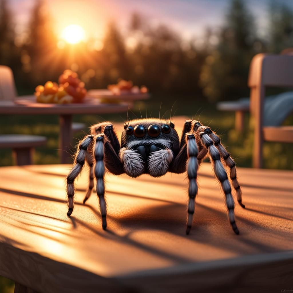 Jumping Spider on Picnic Table at Sunset