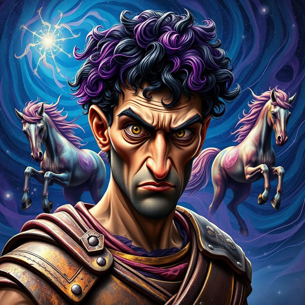 Cyberpunk Roman Warrior in Swirling Cosmic Landscape