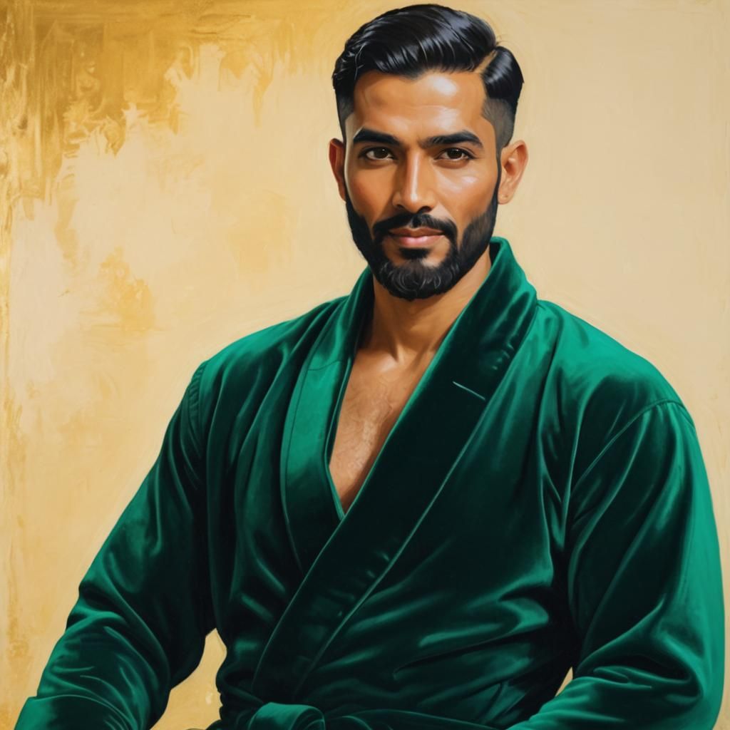 Man in Green Velvet Bathrobe, Impressionist Oil Painting