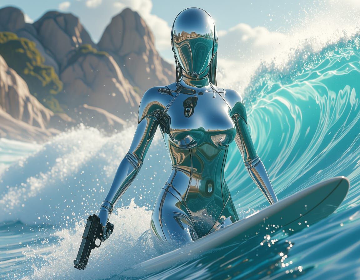 Female Chrome Surfer with Pistol on Longboard