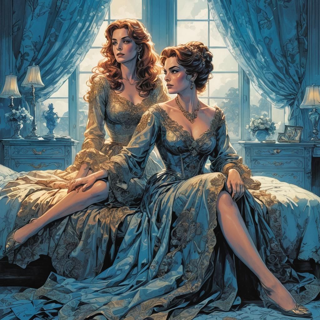 Two Women in Exquisite Bedroom, Comic Book Style